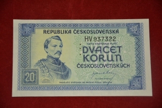 bankovka 20 korun Československých 1945 série HV perforovaná
