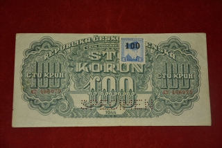bankovka 100 korun Československých 1944 série AT perforovaná + kolek 