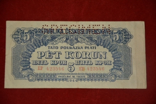 bankovka 5 korun Československých 1944 série EP perforovaná